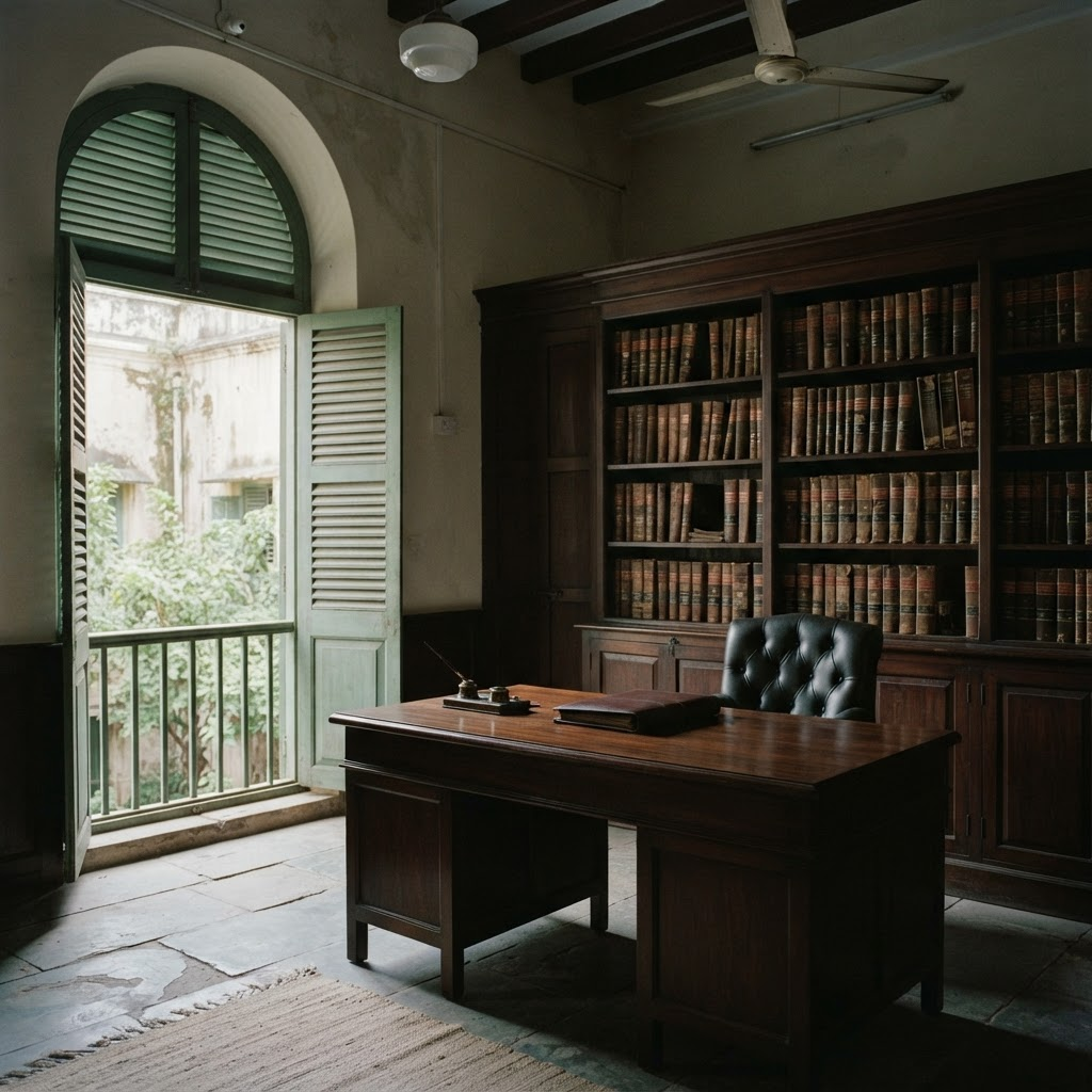 Interior of a quiet law chamber with legal volumes and daylight through louvred windows